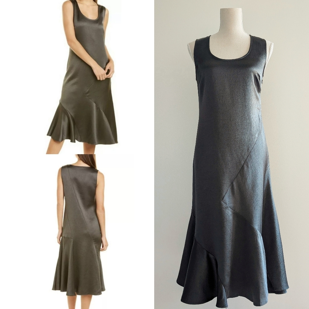 Club Monaco Bias Cut Sleeveless Satin Dress In Olive Green